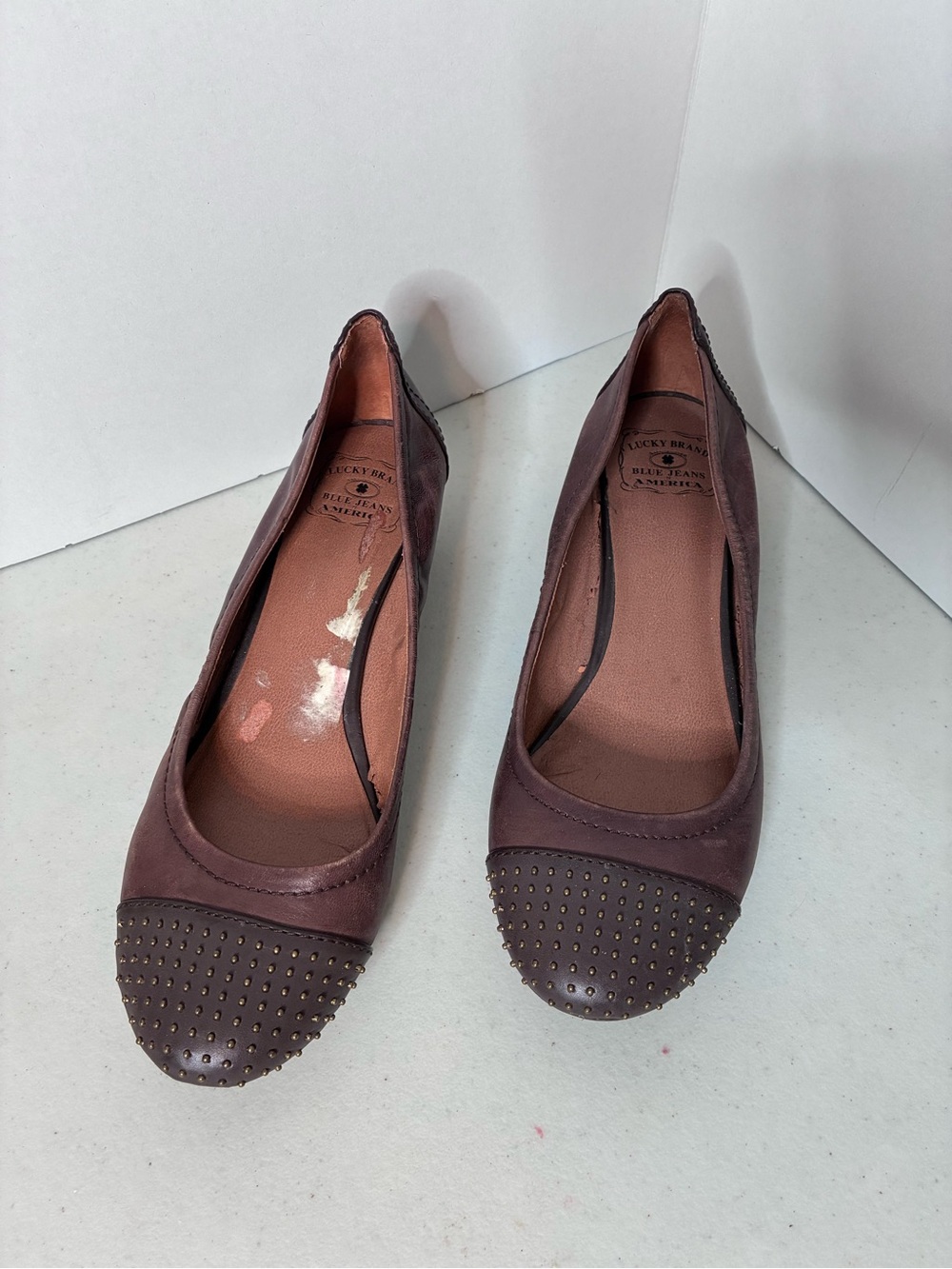 Lucky Brand Brown Leather Studded Cap Toe Ballet Flats Women’s Slip On Shoes